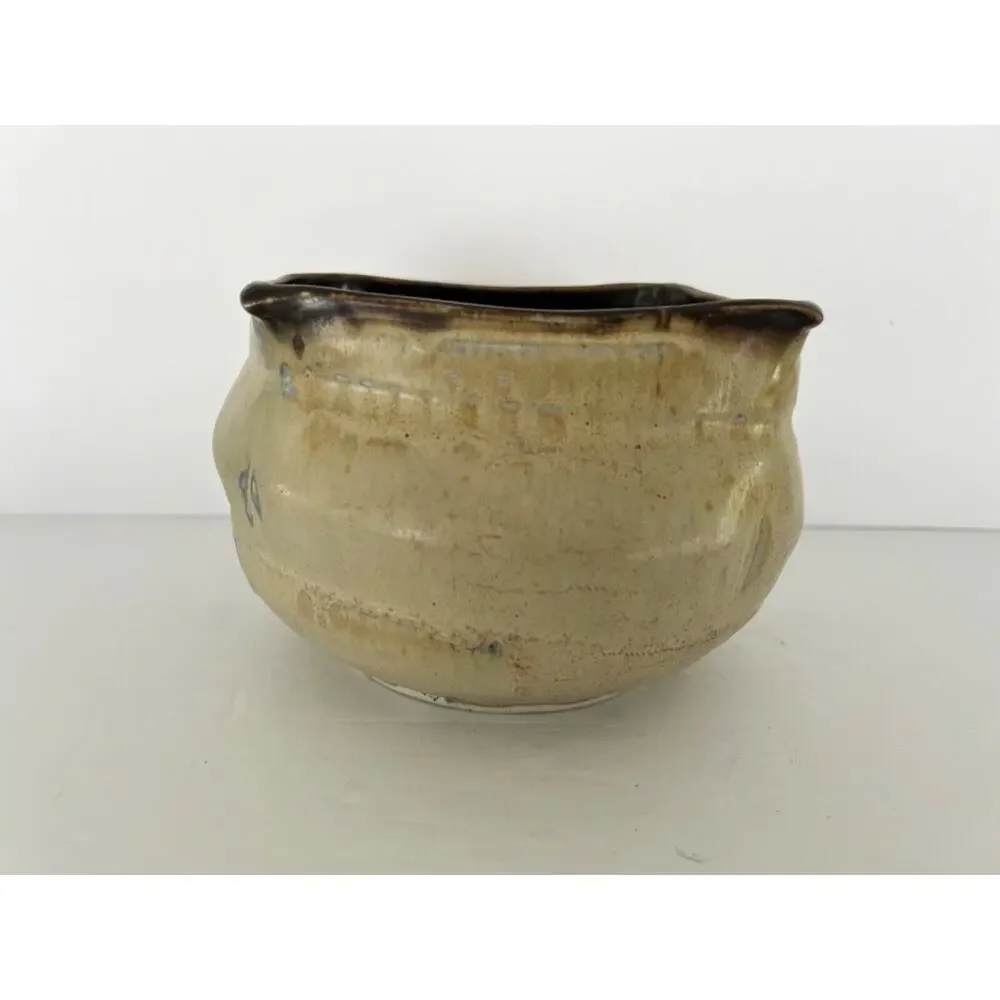 LARGE Art Pottery studio vessel vase planter Earthtones Blue Beige 7